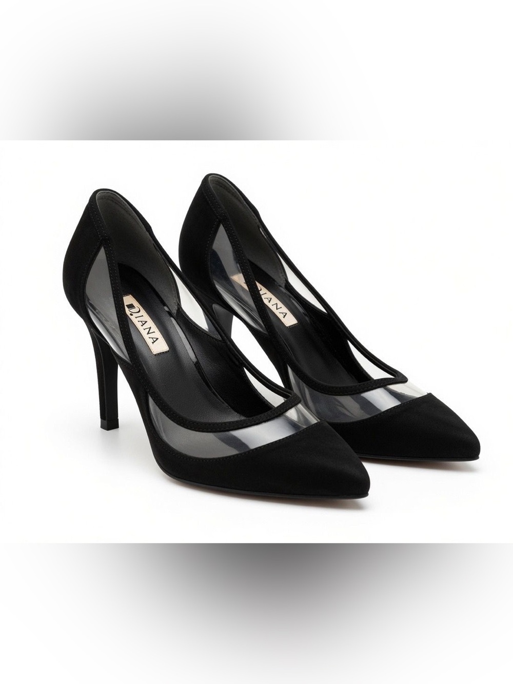 DIANA Black Suede Clear Strap Pointed Toe Heels 7.5